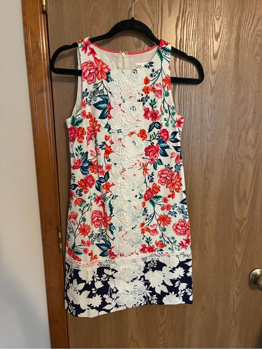 Eliza J Dress, Size 2, Floral Lace Trim Shift Dress - White with Coral & Navy